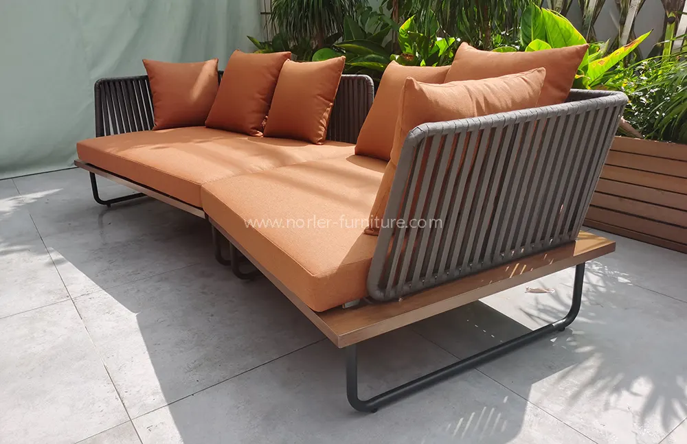 Modern Orange Teak Wood Base Woven Backrest Outdoor Sofa