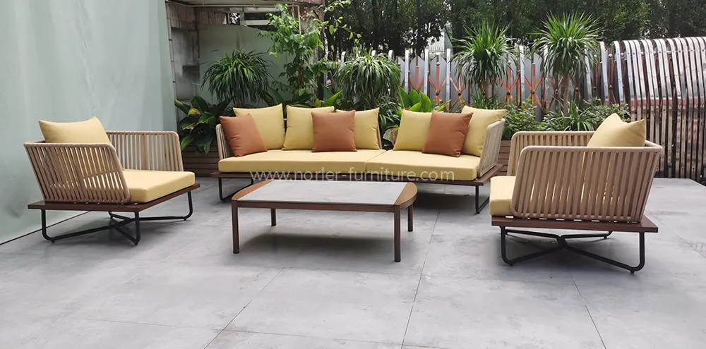 Modern Orange Teak Wood Base Woven Backrest Outdoor Sofa