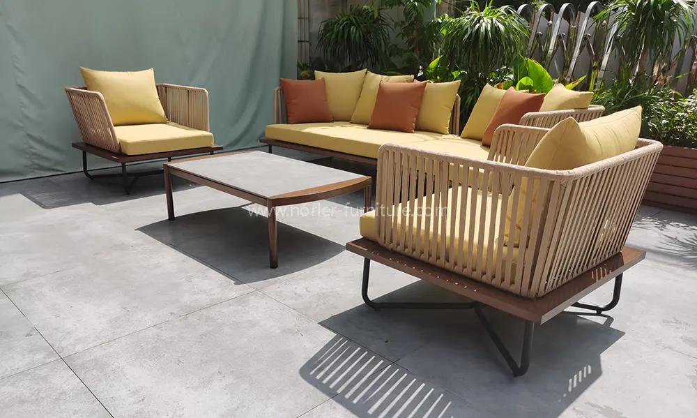 Modern Orange Teak Wood Base Woven Backrest Outdoor Sofa