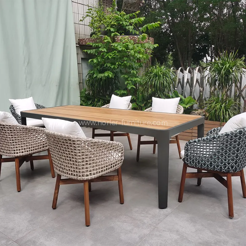 Açıq Teak Alüminium Çərçivəsi PE Rattan Yemək dəsti